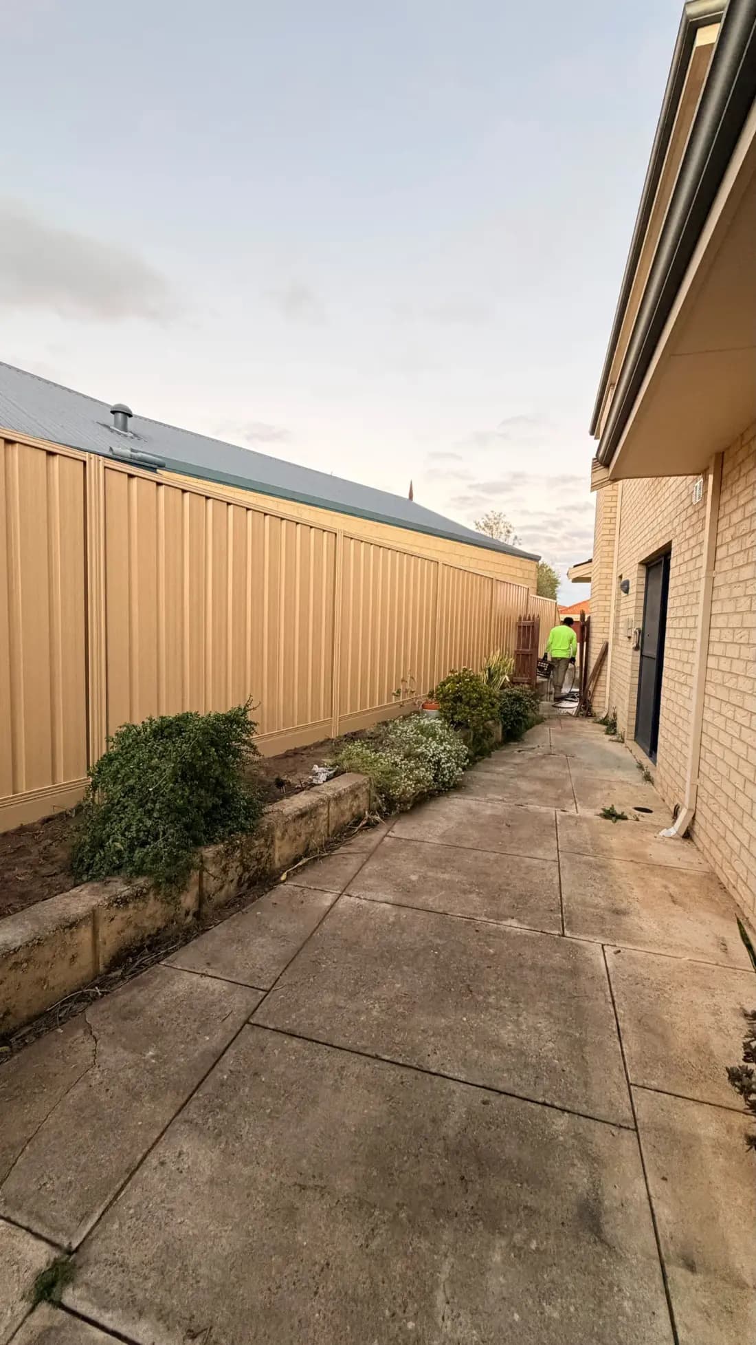 A cream Colorbond fence along a side path
