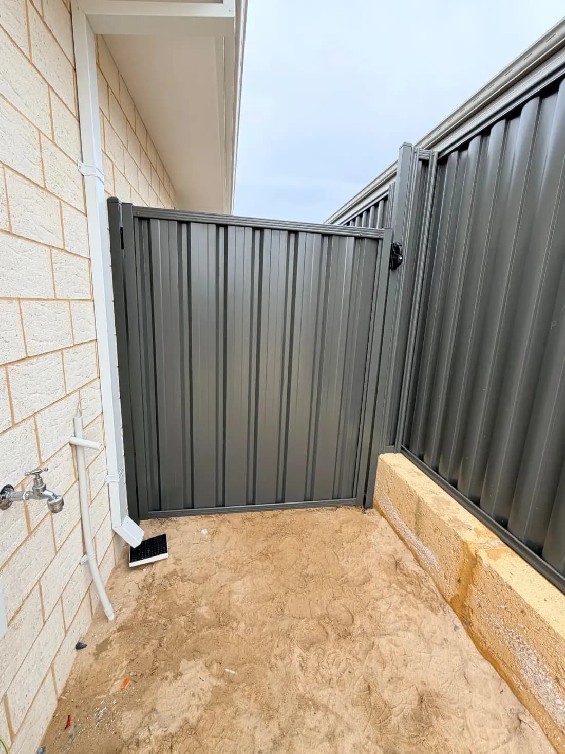A Colorbond fence and gate against a brick home